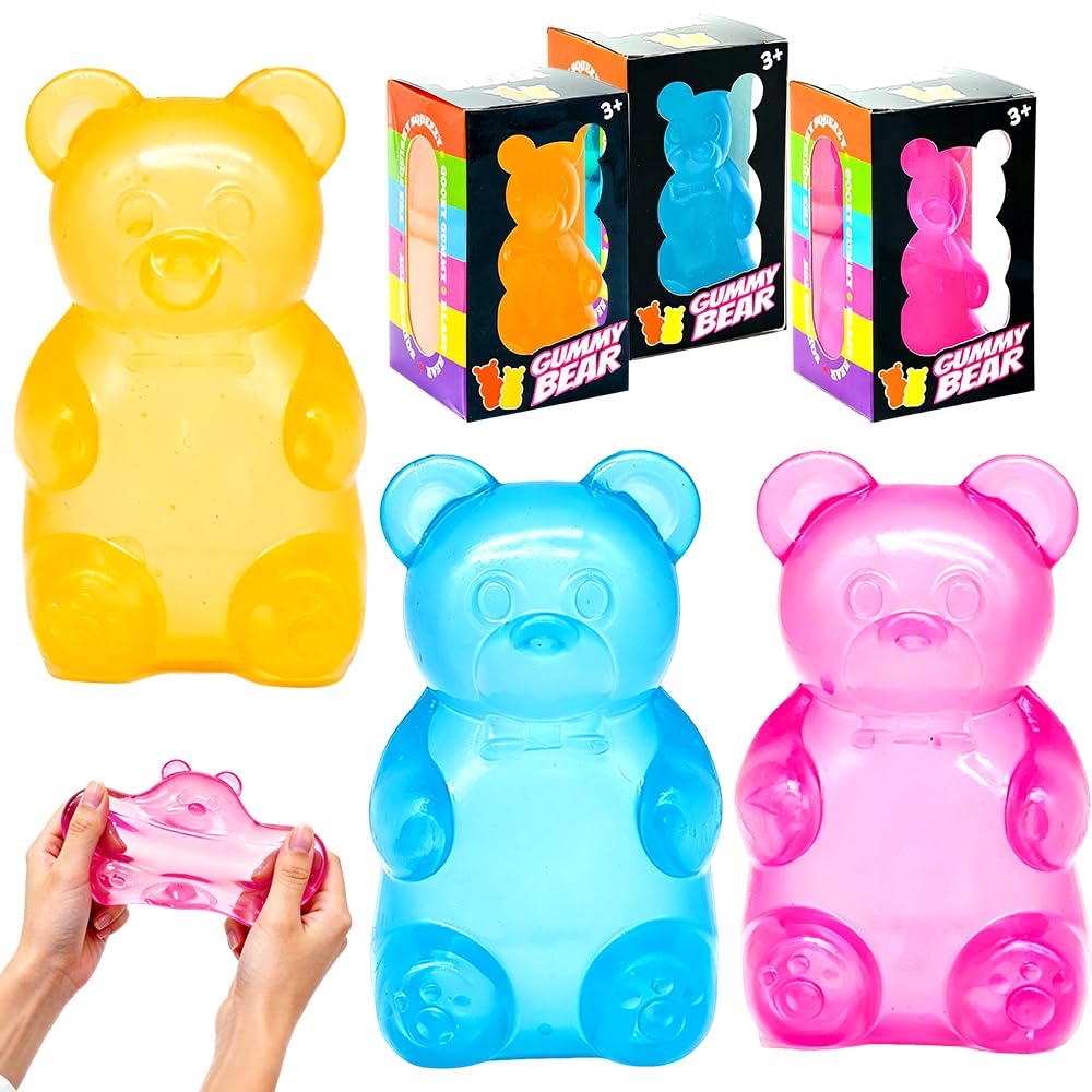 3Pcs Gummy Bear Toy, Doh Fidget Toys, Squishy Stress Relief Toys, High Density Squeeze Balls, Sensory Squeeze Balls Finger Exercise Fidget Cube Bear Toy for Anxiety Relief