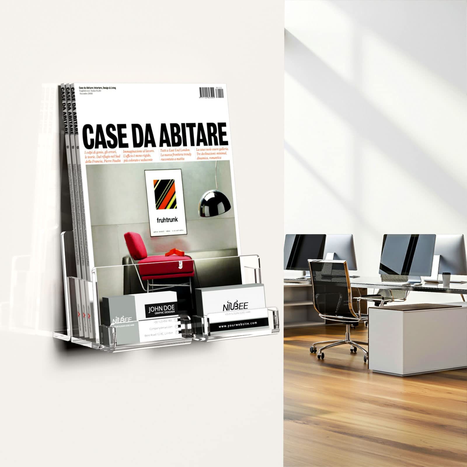 NIUBEE Soporte acrílico para folletos de 8.5 x 11 pulgadas, soporte transparente para folletos con soporte acrílico para tarjetas de visita, soporte de exhibición de folletos de plástico para
