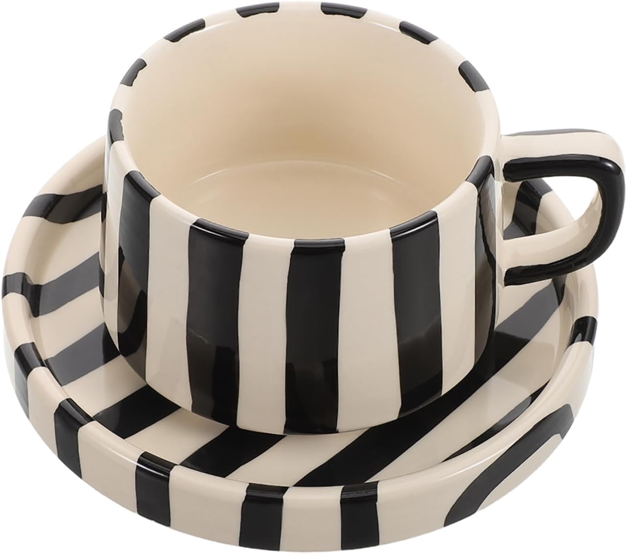 1Set Cute Striped Ceramic Coffee Mug with Saucer for Latte Art Creative Design for Office and Home for Tea and Porcelain Coffee Cups