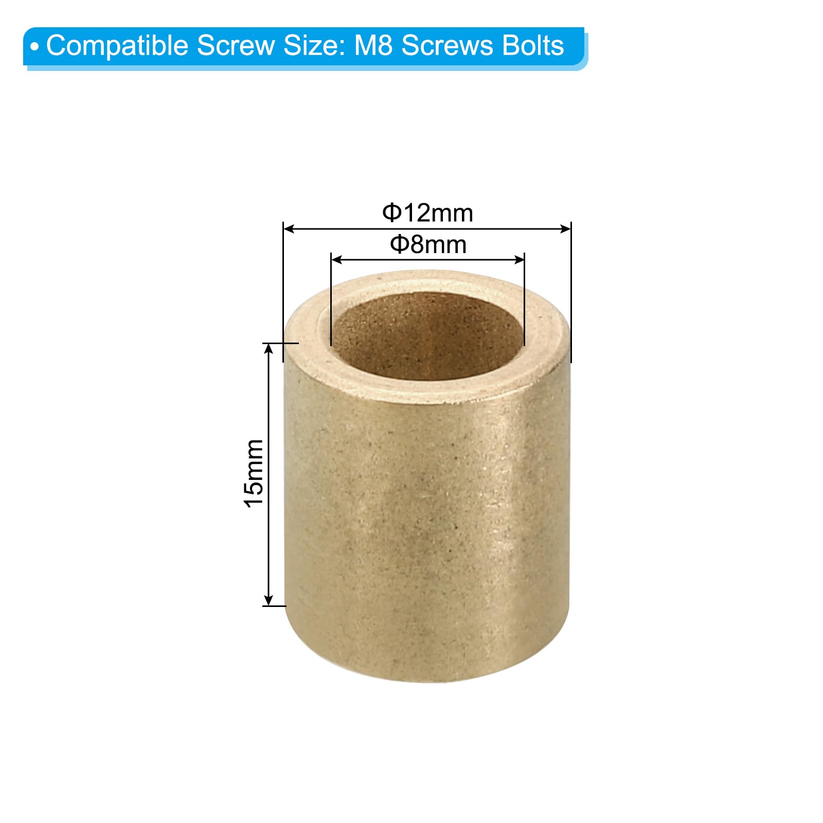 PATIKIL M8 Brass Spacers, 5 Pcs Metal Spacer Brass 8mm ID x 12mm OD x 15mm L Brass Spacers Screw Standoff for 5/16 Inch or M8 Screw - Image 2