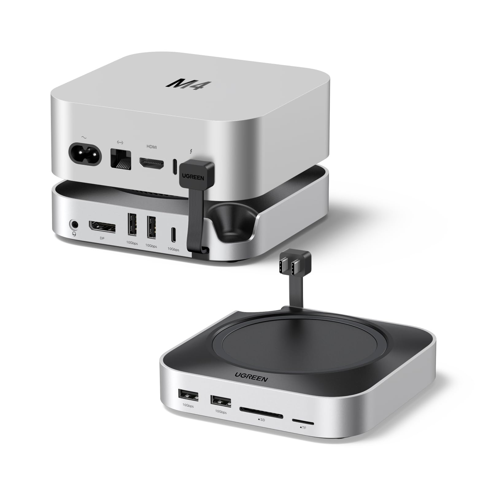 UGREEN Docking Station Hub USB C e Supporto per Mac Mini M4 e M4 Pro | 10 in 2, con Boîtier M.2 NVME SSD, DisplayPort 4K 240Hz 144Hz, 5 Porte USB 4A1C 10Gbps, Lettore di Schede SD TF, 3.5mm Aux