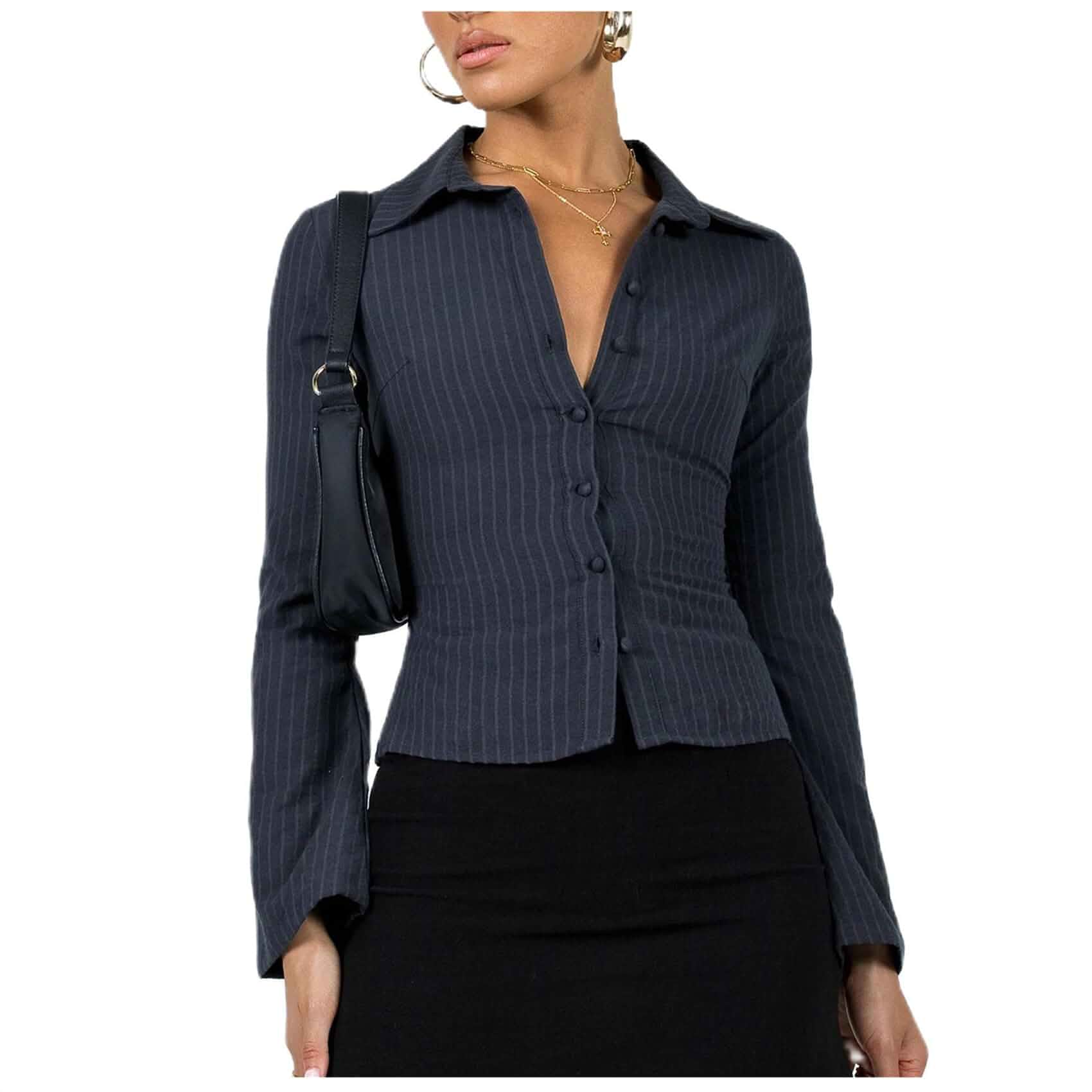 Women Slim Fit Button Down Striped Shirt Long Sleeve Fitted Button Up Shirt Vintage Y2K Pinstripe Collared Blouse Long Sleeve