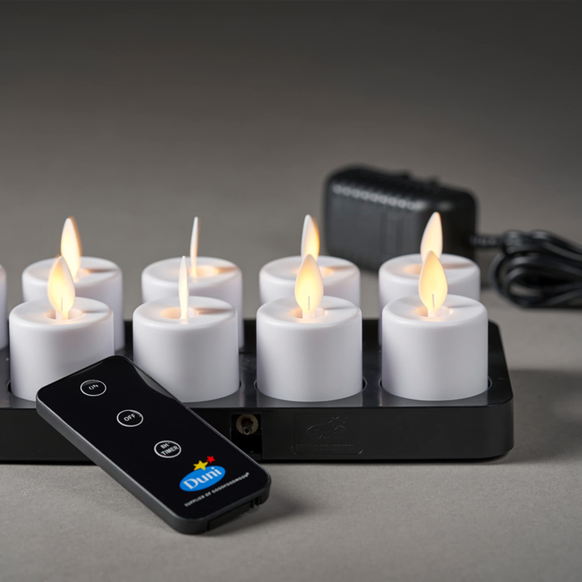 DUNI LED Set Moving Flame, wiederaufladbar, Warm White, 10 Stück 38 x Ø 36 mm 25 Std. Weiß