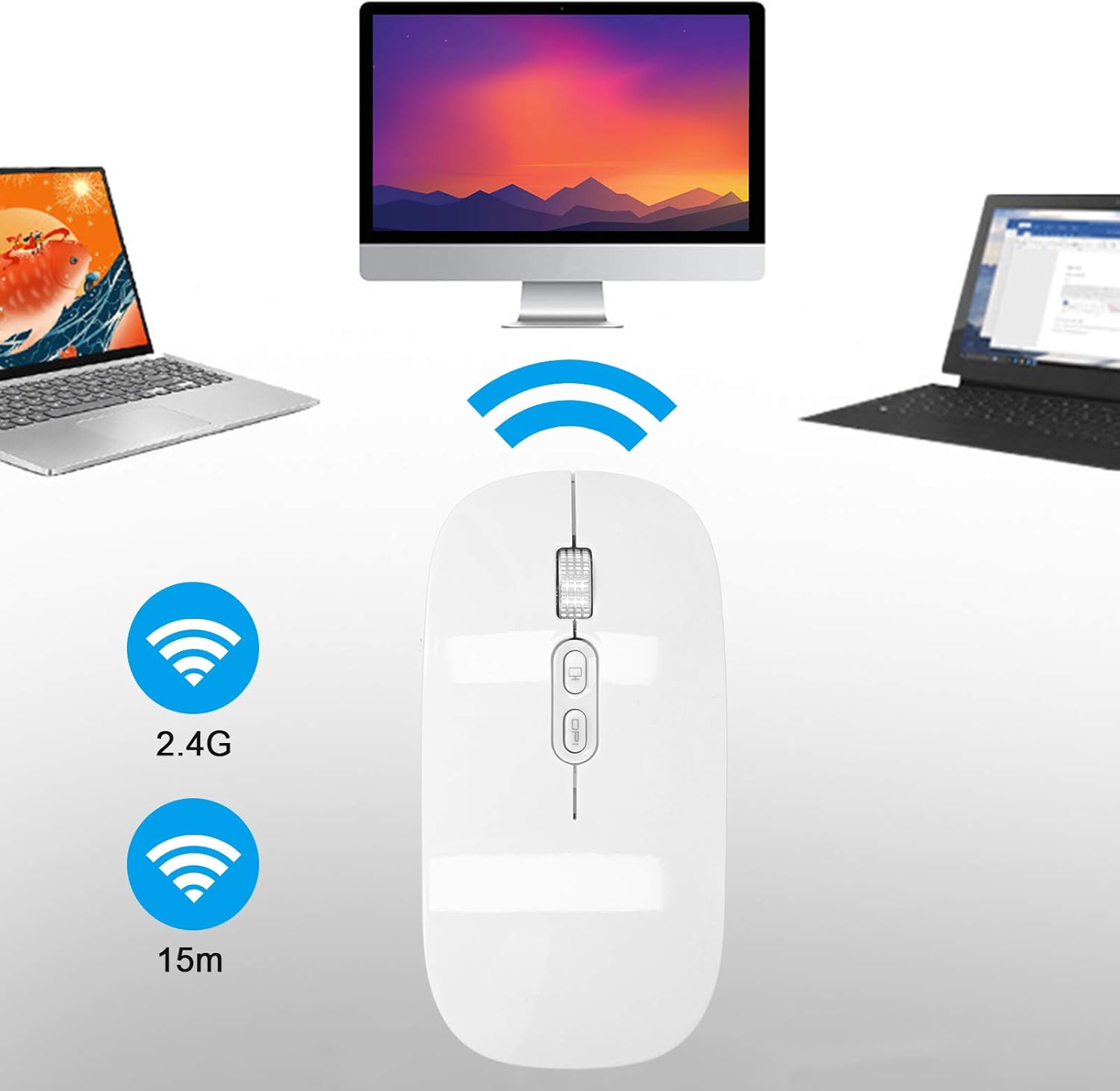Diagram illustrating the fosa M103 mouse connecting wirelessly to a laptop and a desktop computer, showing 2.4Ghz and 15m range icons.
