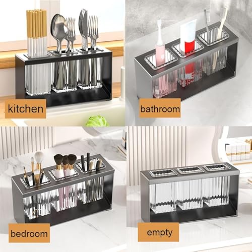 Hosoncovy Countertop Cutlery Drying Holder Cutlery Drainer Tableware Holder Box Tabletop Separated 3 Cups Fork Chopstick Kitchen Storage Cutlery Utensil Organizer (Grey) - Image 5