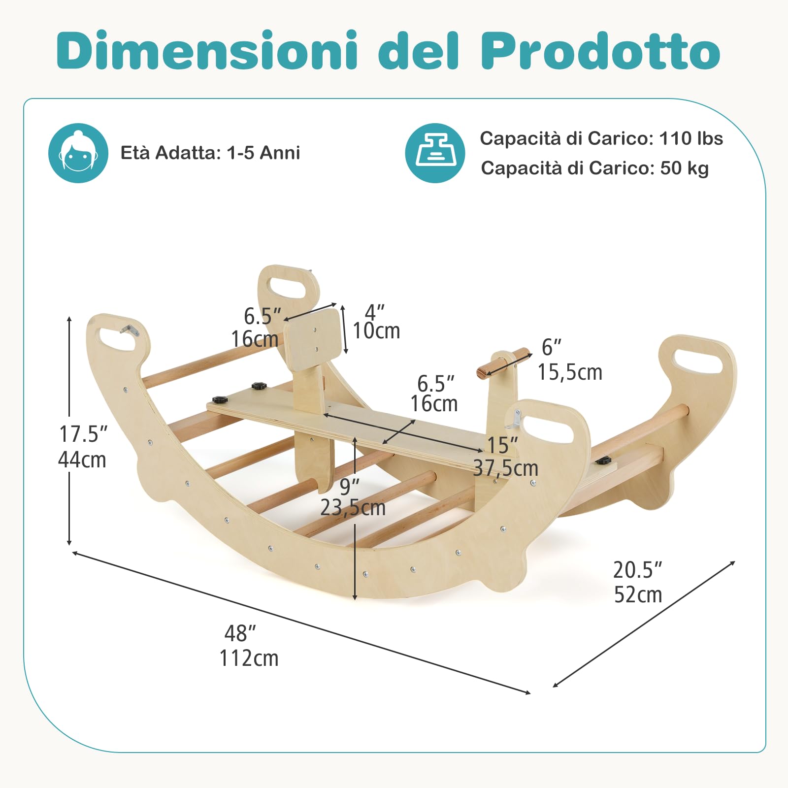 COSTWAY 4 in 1 Arrampicata per Bambini, Arco Cavallo a Dondolo Multifunzionale in Legno, Dondolo a 35°, Ideale per Bambini 1-5 Anni, 112 x 52 x 44 cm (Naturale)