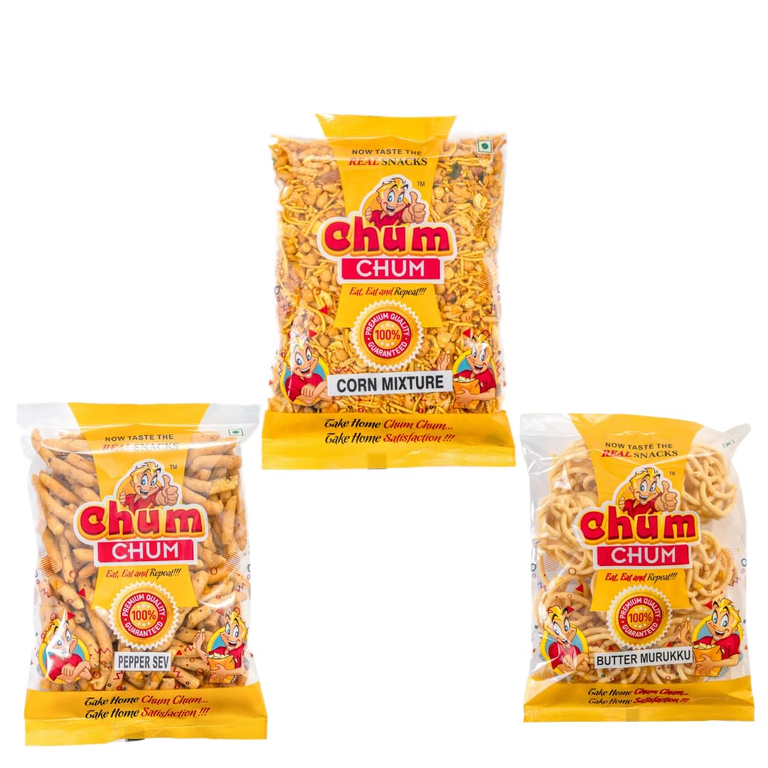 Chum Chum (Combo Pack) Corn Mixture, Butter Murukku, Pepper Sev | Crispy & Delicious Indian Snacks | South Indian Traditional Recipe | Fresh Pack | No Preservatives