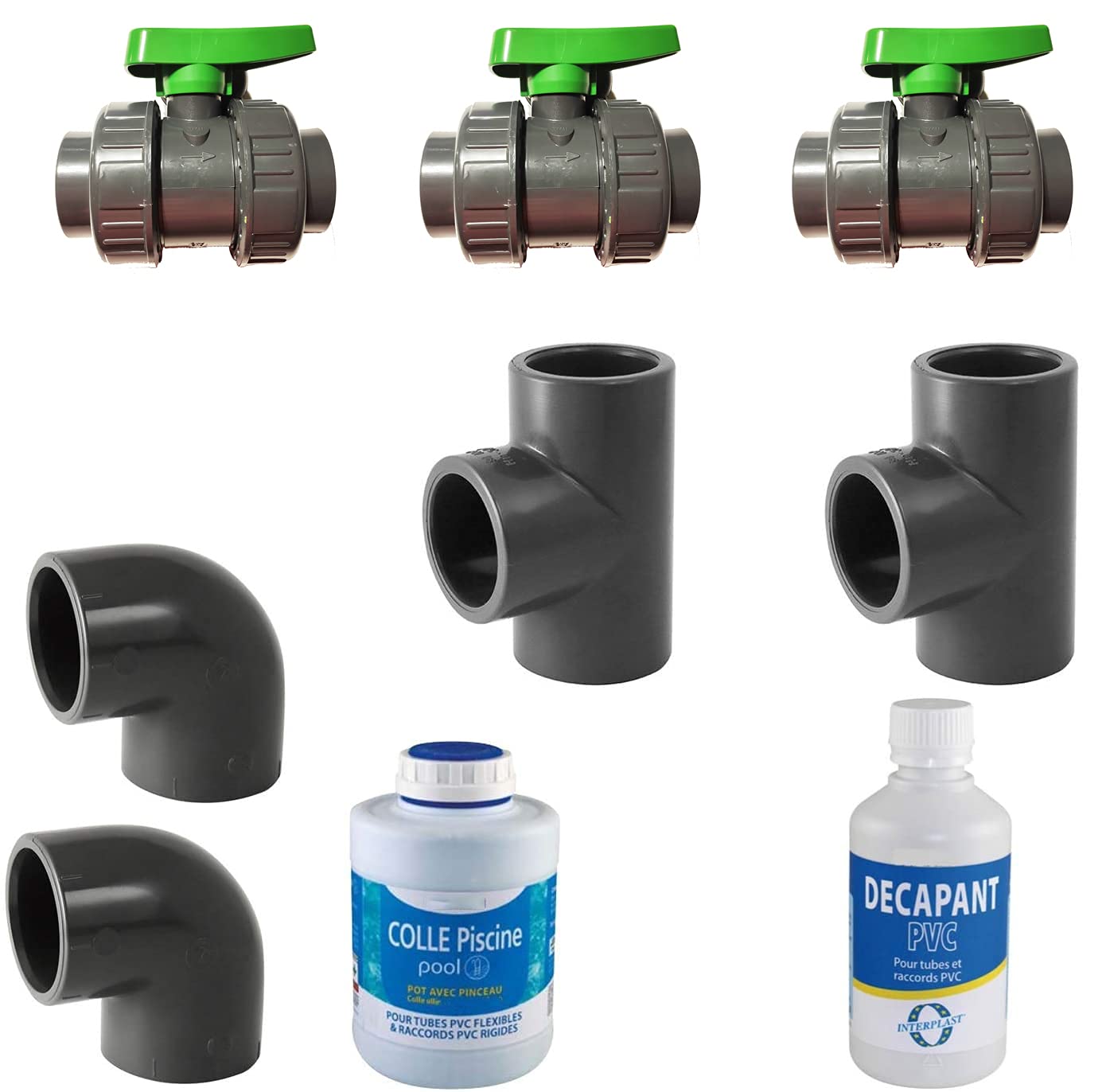 Kit Bypass 50mm 3 X Vannes 50mm / 2 X Té 50mm / 2X Coudes 50MM / 1 X Colle PVC / 1 X Décapant PVC