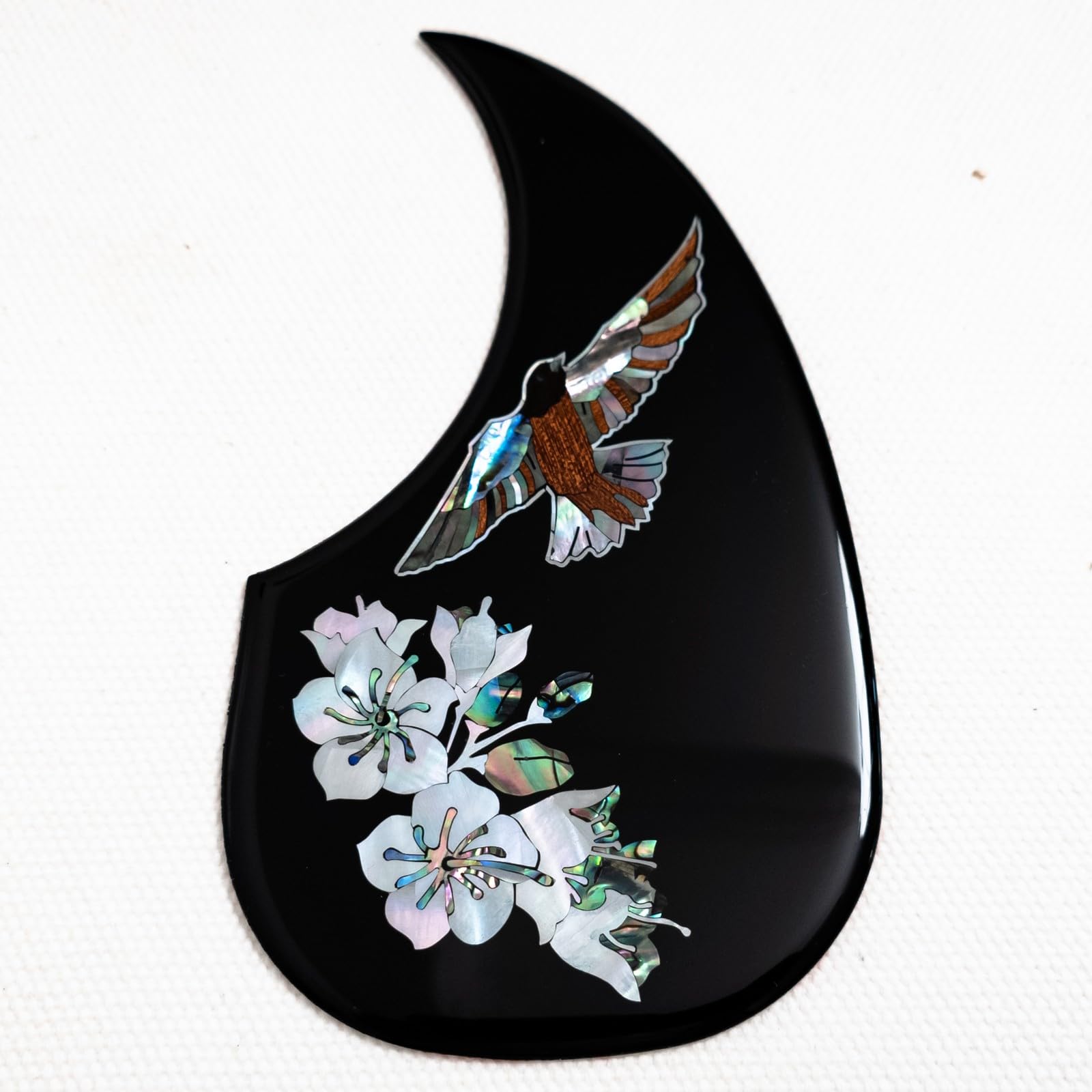 Pickguard do gitary akustycznej do Martin D45 Style 102-106 cm, dreadnought, prawdziwy ptak Abalone i kwiatowa wkładka, samoprzylepna osłona chroniąca przed zarysowaniem, czarna