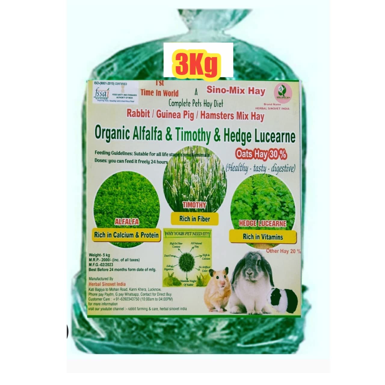 Herbal Sinovet India Premium Alfalfa/Timothy/Hedge Lucerne/Peanut Mix hay for Rabbit/Guinea Pig/Hamster. (3kg) (B0BXYSG43N) Amazon Price History, Amazon Price Tracker