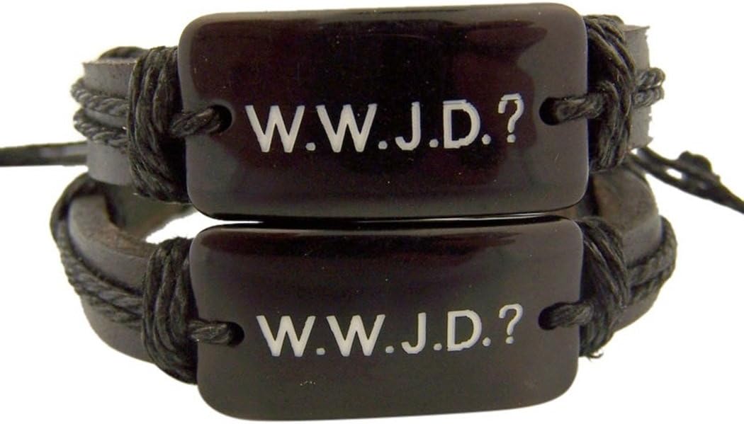 Acrylic WWJD? Plate on Adjustable Leather Rope Bracelet, Pack of 2