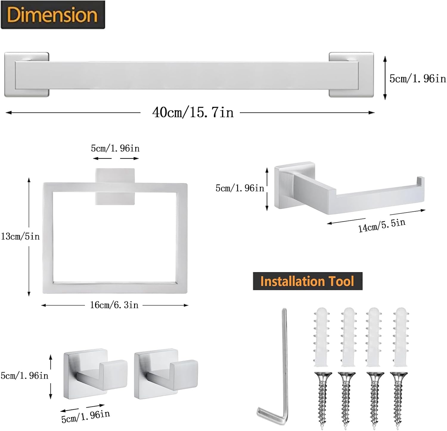 5 Piece Bathroom Towel Bar Set - SUS304 Stainless Steel Bath Towel Holder, 15.7 Inch Towel Racks for Bathroom Wall Mounted, Bathroom Hardware Accessories Set - Brushed Nickel