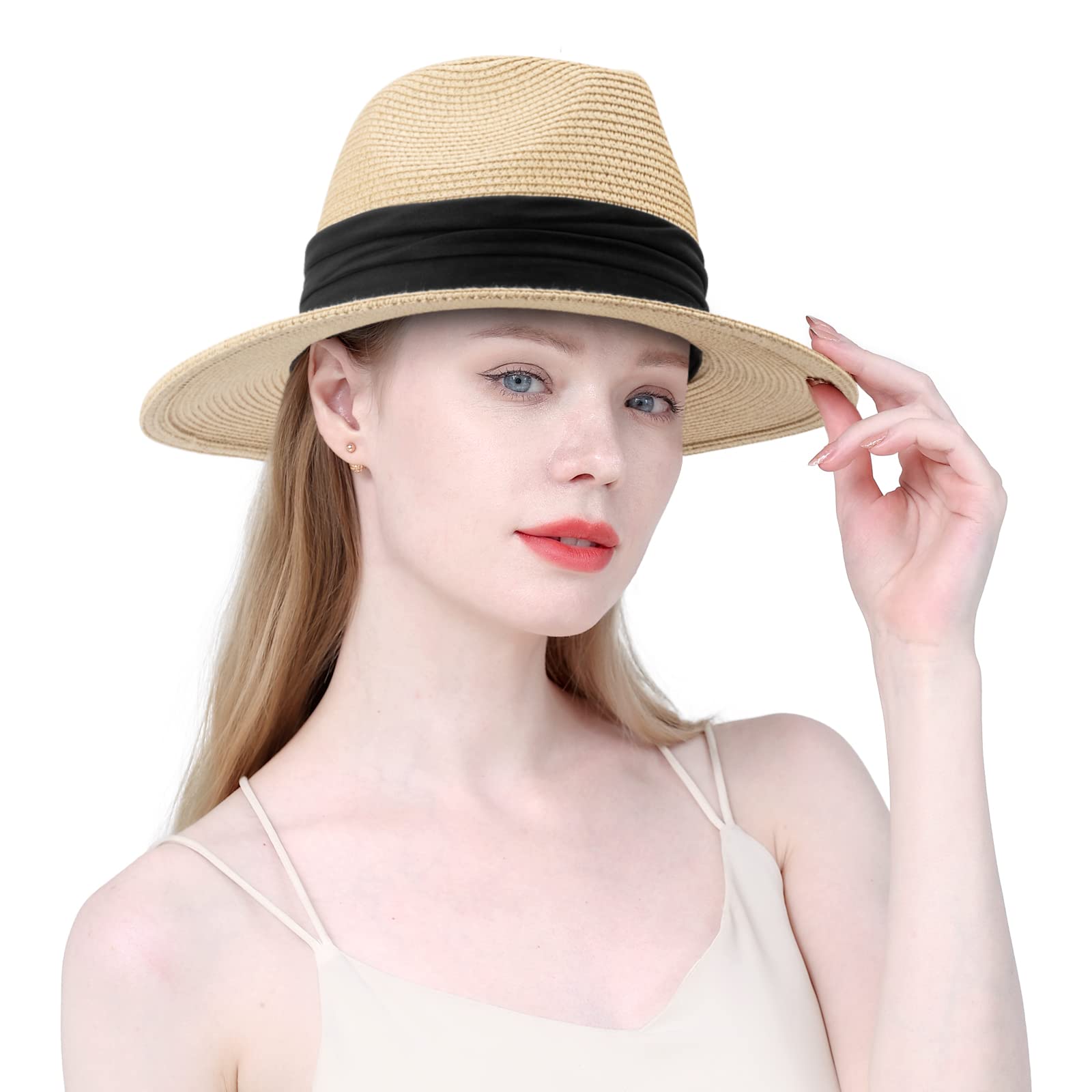 DRESHOW Donna Cappello Panama Cappello da Spiaggia in Paglia Fedora Cappello Arrotolato in Paglia a Tesa Larga Cappelli Panama UPF 50+