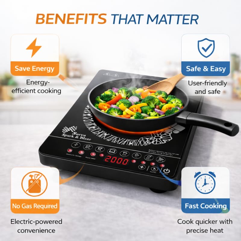 Image of Lambent 𝟏𝟓-𝐘𝐞𝐚𝐫 𝐋𝐨𝐧𝐠-𝐋𝐢𝐟𝐞 𝐖𝐚𝐫𝐫𝐚𝐧𝐭𝐲 Professional Induction Cooktop, 2000 Watt Electric Stove, Infrared Heating Plate, Multi Purpose Cooking Modes, Easy Clean Surface, Home Use