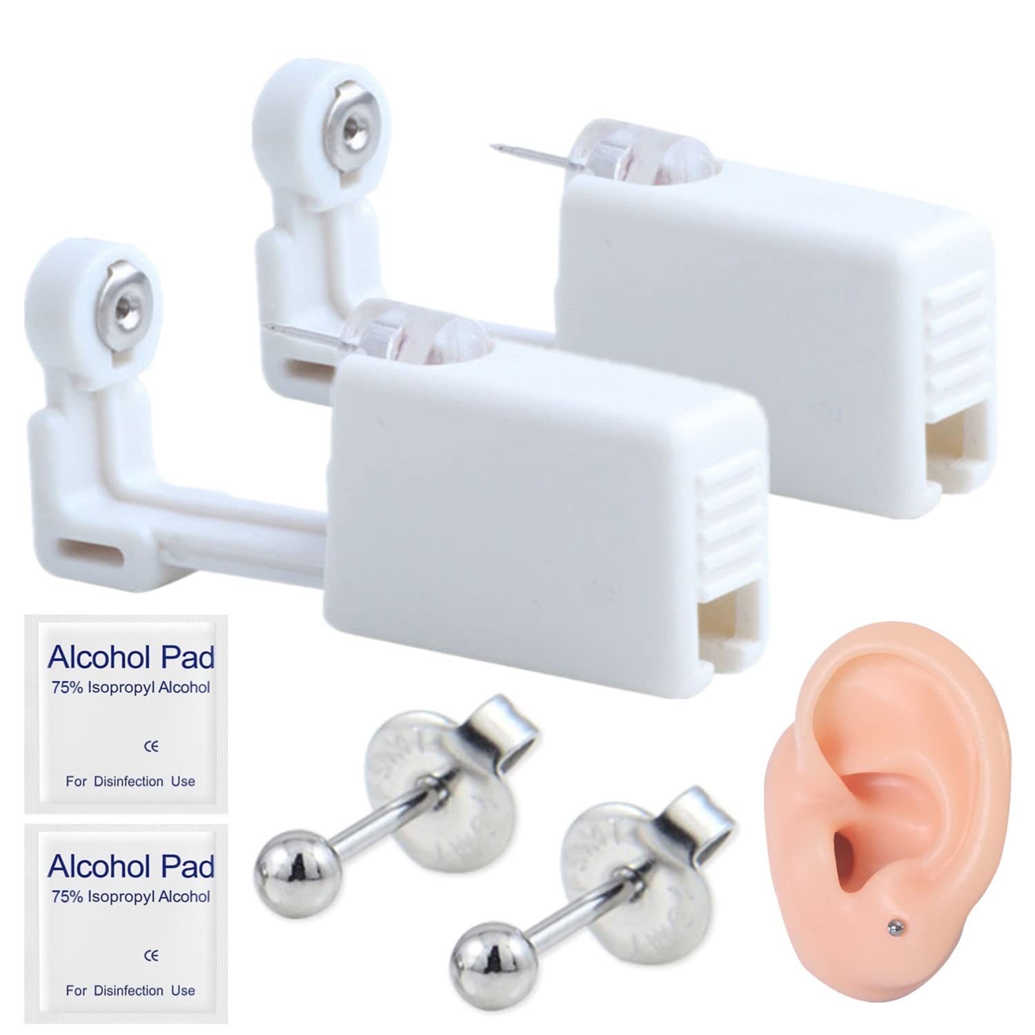 Suskriyocic2 Pack Self Ear Piercing Gun Kit with Built-in Earring Disposable Ear Piercing Gun Asepsis No Pain Safety Self Ear Piercing Gun Kit Tool for Girl Women Men Silver