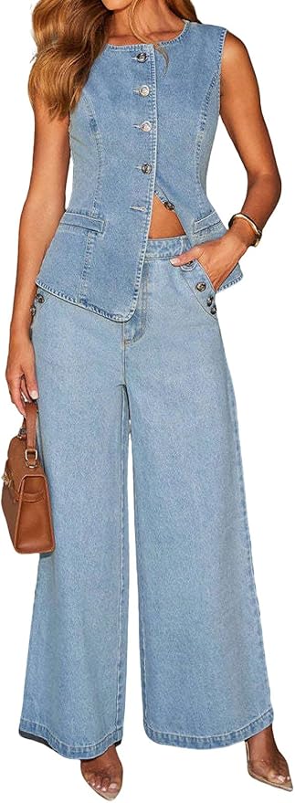 loveimgs Women's 2 Piece Denim Vest and Jeans Set