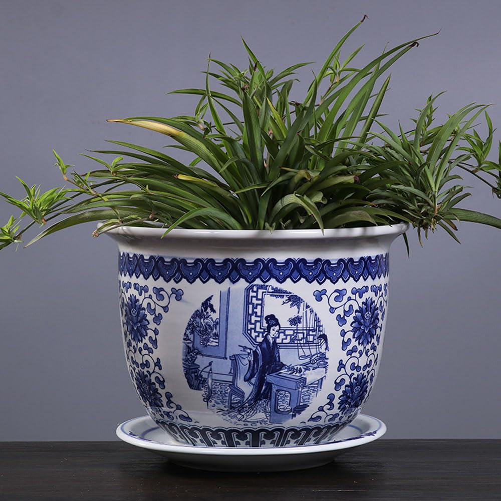 DFGHNBVC Blue And White Porcelain Flowerpot Chinoiserie Jingdezhen Home Garden Planter Pattern Plant Pot With Drainage Hole For Indoor Outdoor Gardening Plants,D-21 * 14cm