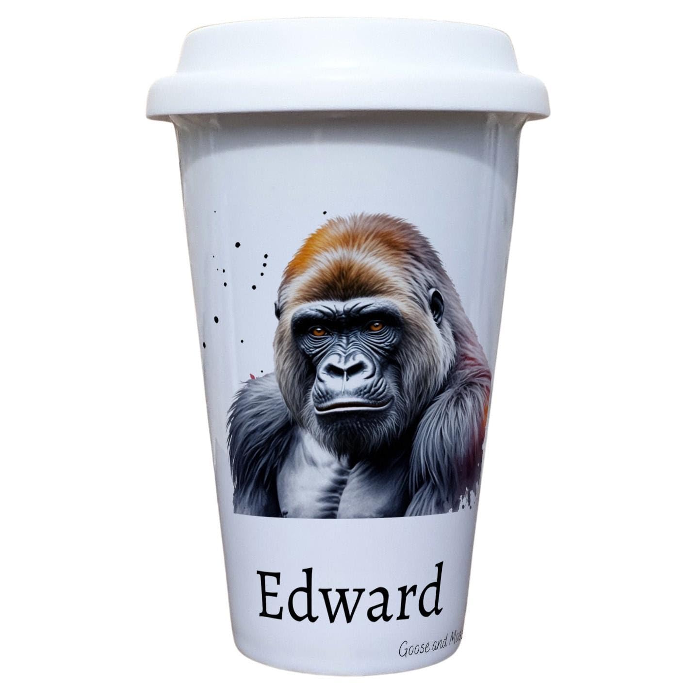 Personalised Gorilla Travel Mug, Gift for Safari Lover, Thank you present for Zoo Animal Lover, Hot Drinks Flask, Insulated Coffee Cup