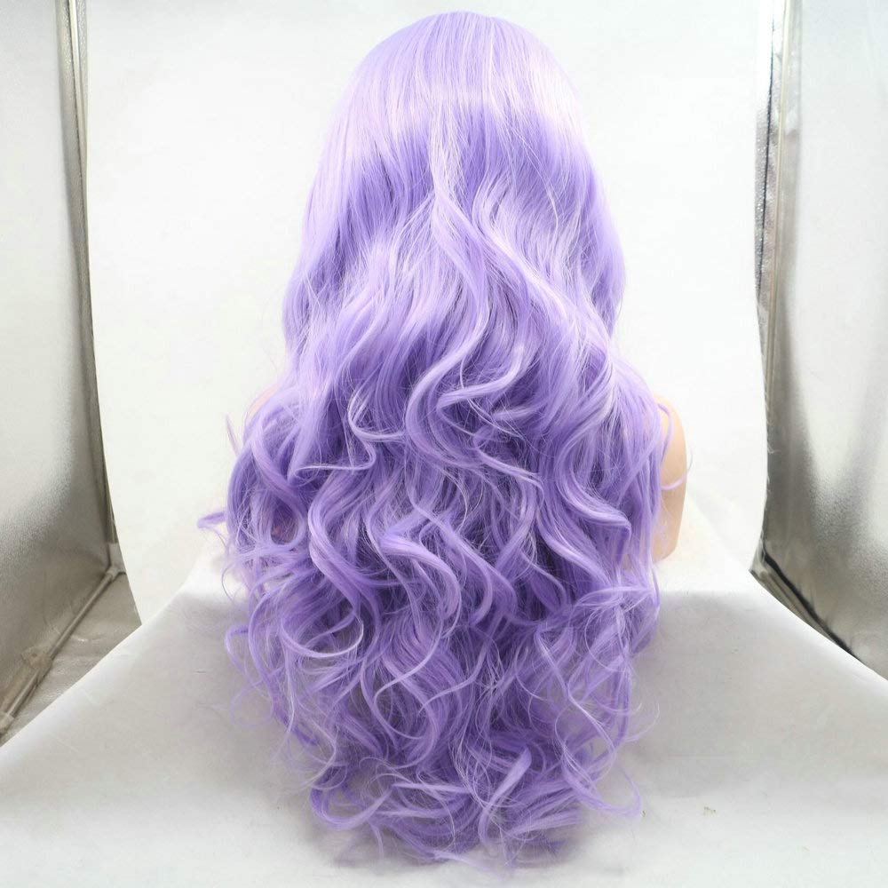 3x13" Long Wave 24" Pastel Lilac Purple Wig Ladies Party Cosplay Travel Light Purple Synthetic Lace Front Wigs for Women Daily Use Drag Queen Body Wave Purple Wigs Natural Hairline - Image 4