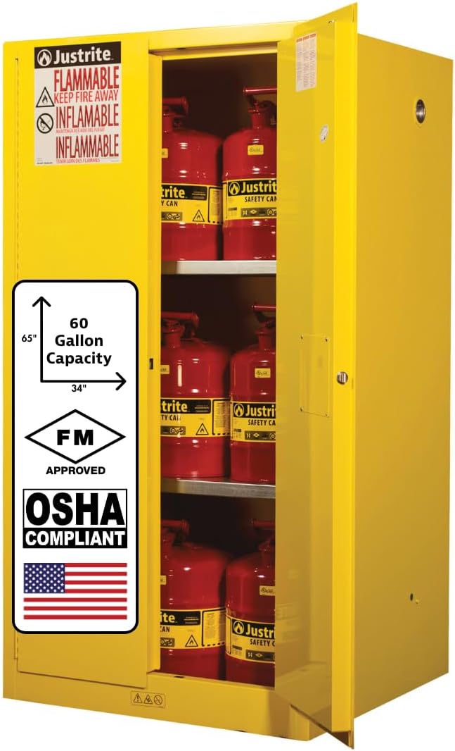 Justrite 60 Gallon Manual Close Flammable Storage Cabinet, 18 Gauge Steel, 2 Shelves, 2 Door Fire Cabinet, 65" x 34" x 34", Made in The USA, Yellow, 896000