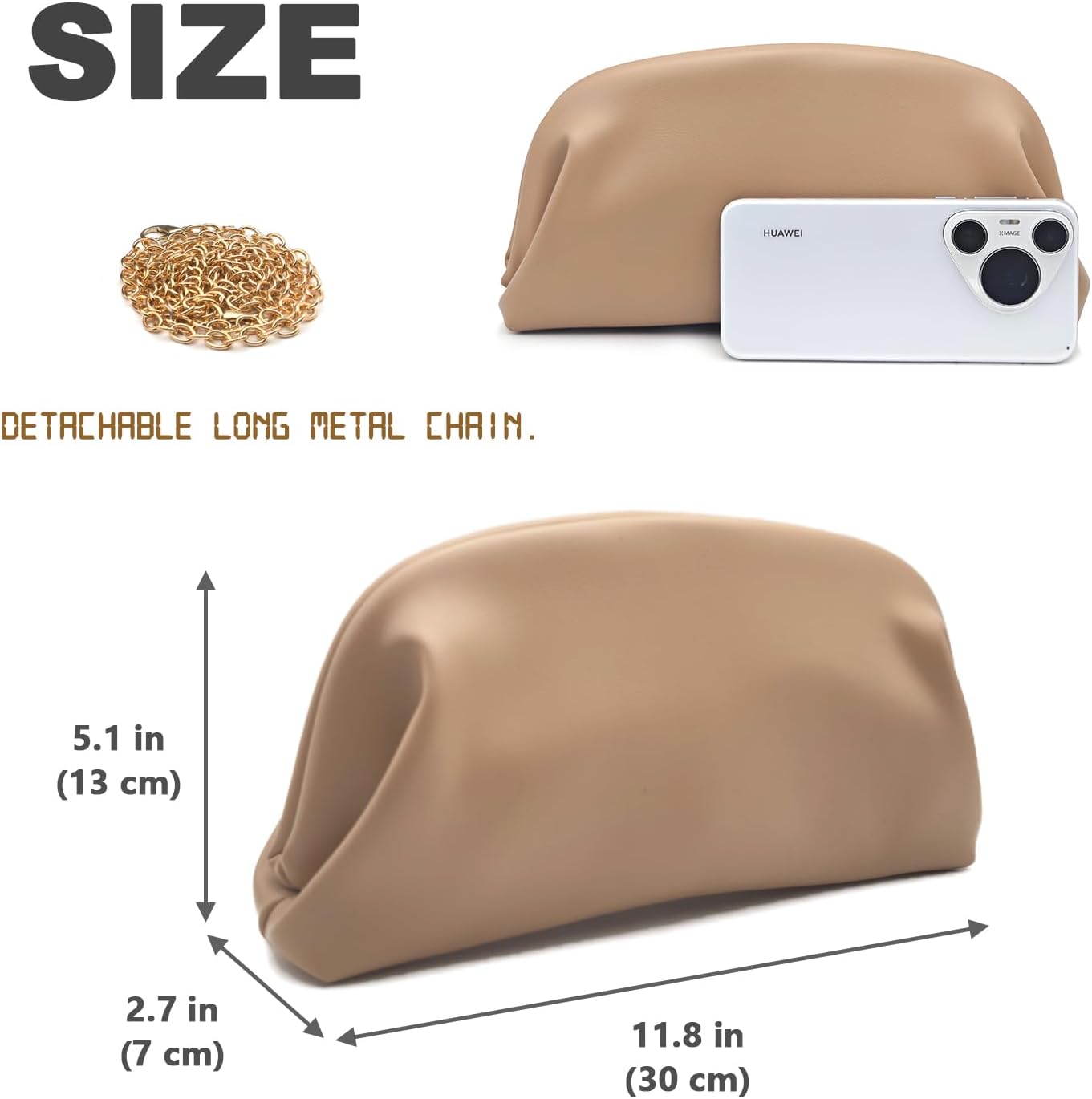 Wrinkle Cloud Formal Clutch Purse for Women with Metal Chain, Minimalist Solid Color Daily Shoulder Bag, Inner Snap Closure