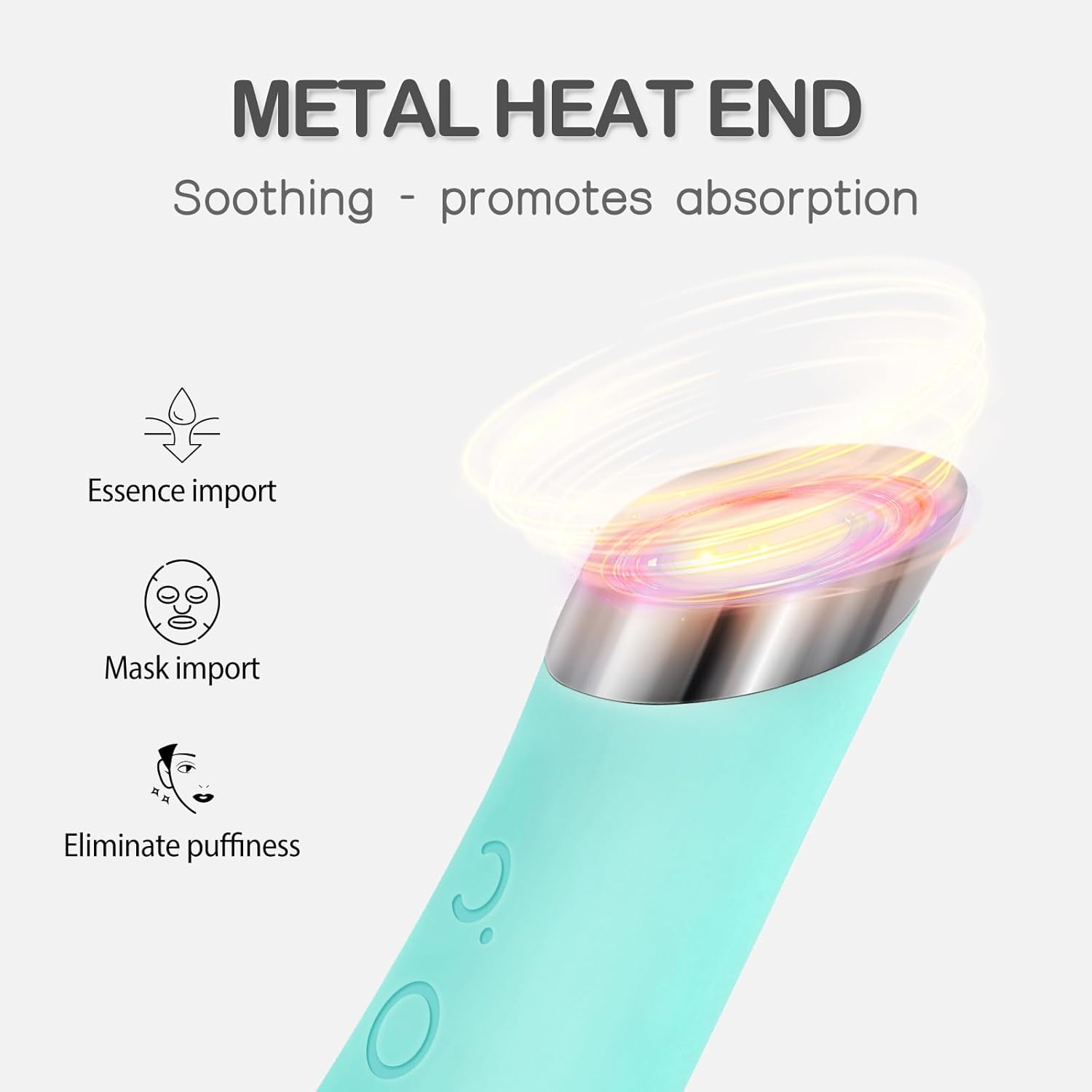 Image illustrating the metal heat end of the PRITECH facial cleansing brush and its benefits for essence and mask import.