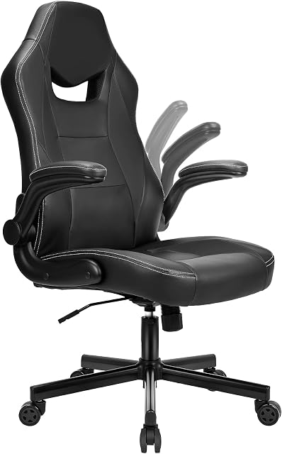 BASETBL Office Gaming Chair Racing Style PU Leather Ergonomic Swivel Computer Chair with Flip-up Armrest, Adjustable Height Home Desk Chair (Black)