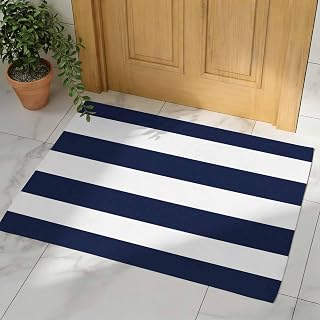 Indoor Doormat, Navy Blue Stripe Summer Nautical Theme 16x24In Absorbent Non Slip Door Mats Inside Dirt Trapper Mats White Geometric Lines Decor Washable Entrance Door Rug Shoes Mat