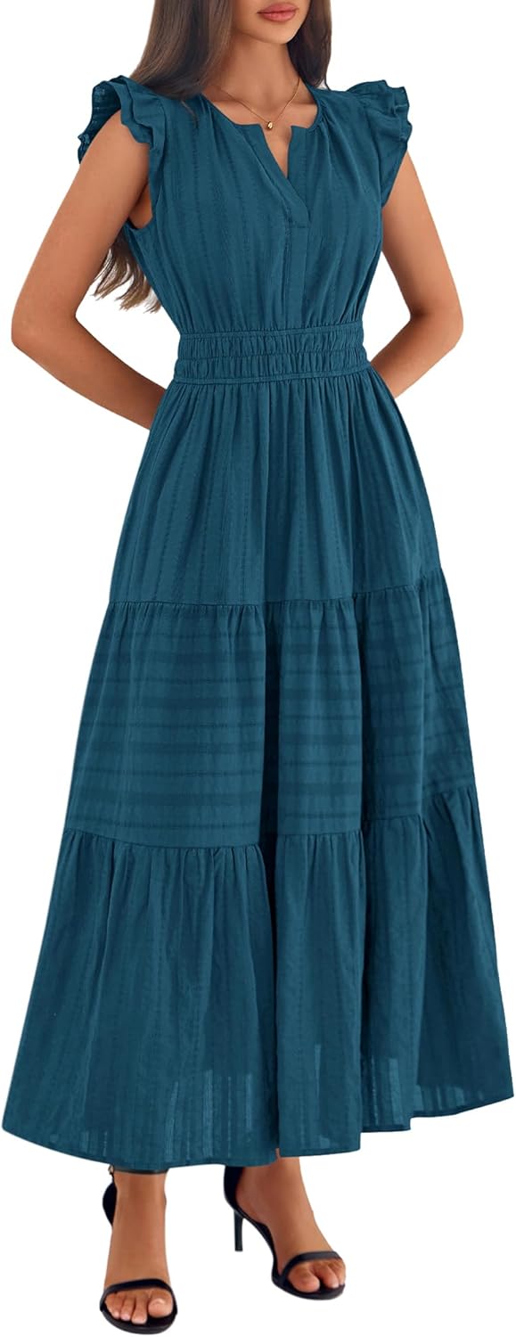 BTFBM Womens Summer Maxi Dress 2026 Spring Boho Vacation Ruffle Flutter Short Sleeve A Line Tiered Flowy Dresses Pockets - Image 7