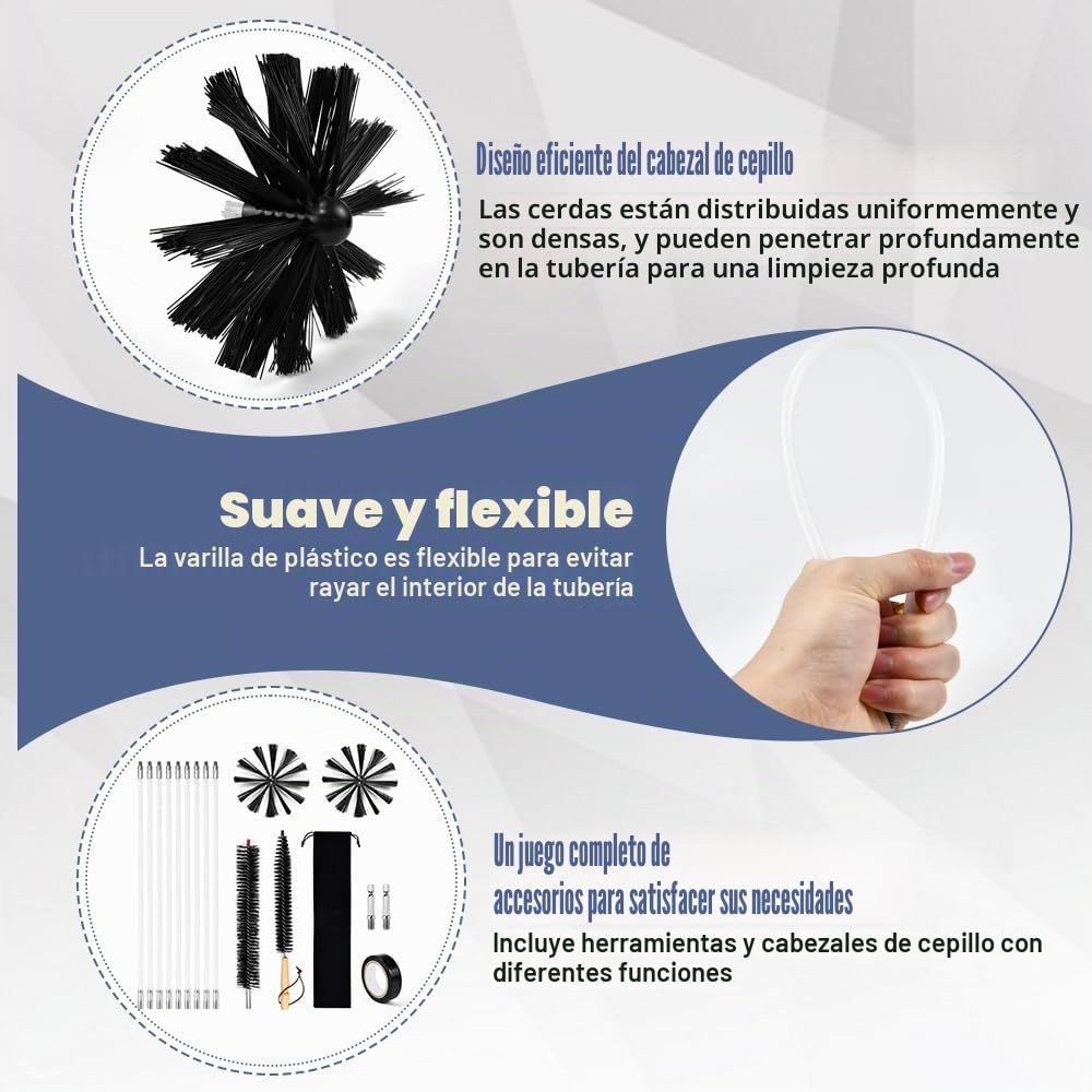 Kit de Deshollinamiento Limpieza de Chimenea,con 9 Varillas de 410mm, 2 Cepillos de 150mm, 1 Cepillo con Mango de Madera,1 Cepillo Largo, 1 Cinta Adhesiva, 2 Cabeza Hexagonal y 1 Bolsa de Tela