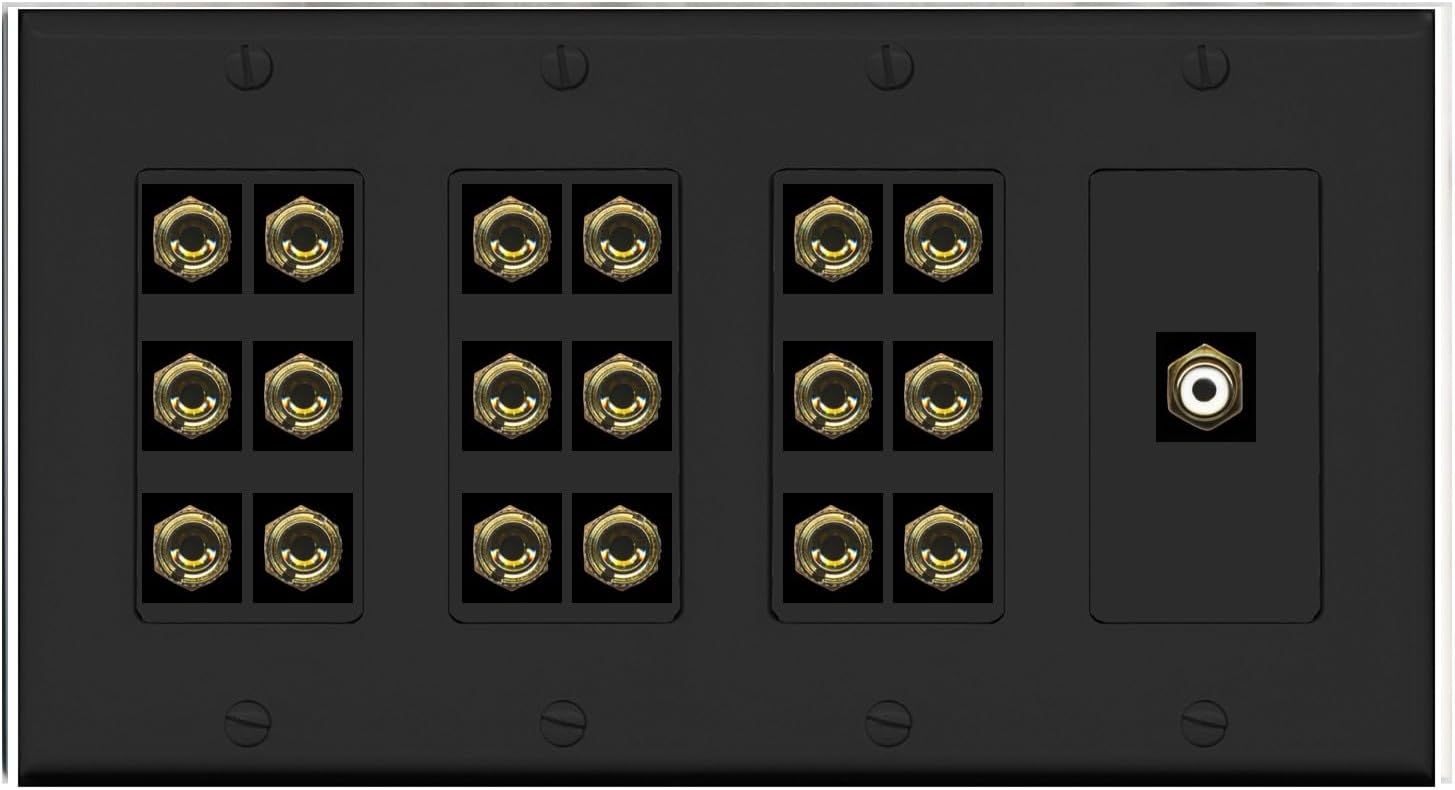 RiteAV 9.1 Surround Sound 9 Speaker 18 Banana Plug Jack Wall Plate w/RCA Subwoofer Female Connector - 4 Gang [Black]