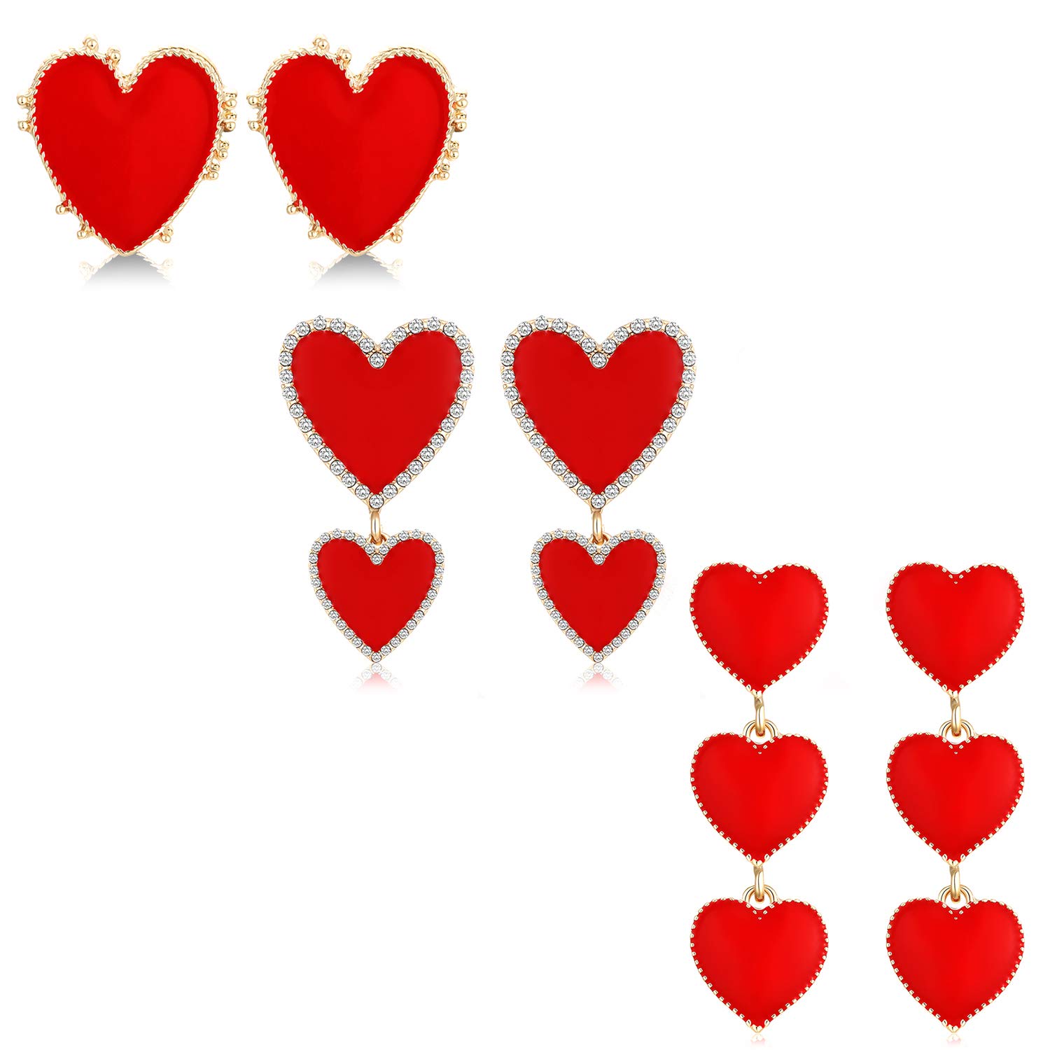 Valentine Heart Earrings, Romantic Enamel Love Heart Tiered Drop Dangle Earrings Hypoallergenic Heart Stud Valentine's Day Gift Jewelry For Woman