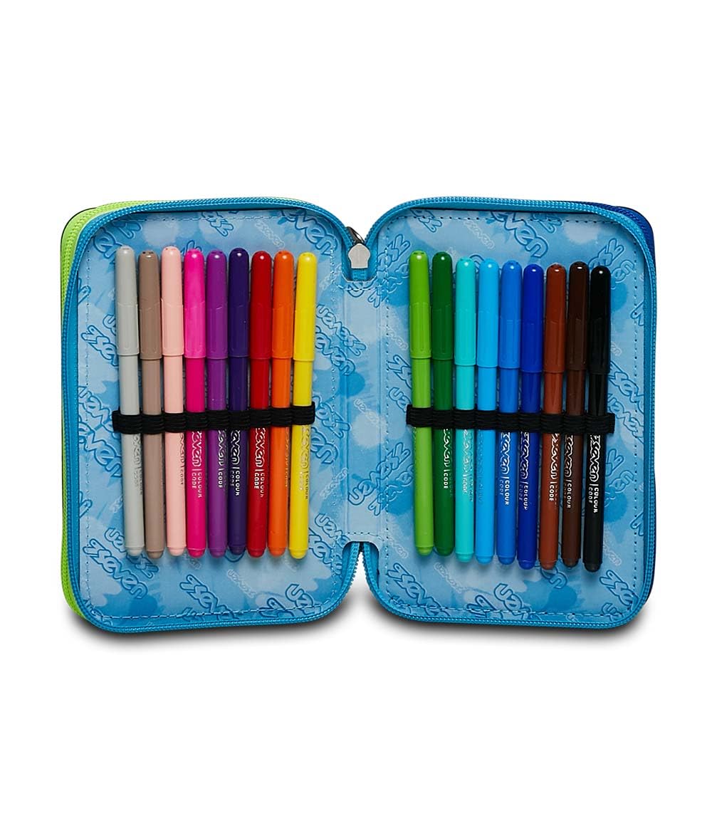 Seven Astuccio 3 Zip, STRING BOY, Attrezzato con Matite, Pennarelli Ecc. - Blu - Scuola & Tempo Libero