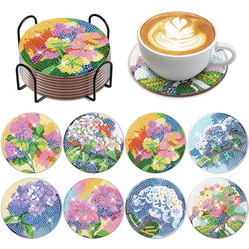 8 PCS Watercolor Flowers Diamond Art Coasters Diamond Art Coasters Kits with Holder Watercolor Flowers DIY Coasters for Beginners, Adults, Kids, Diamond Art Crafts Supplies (Watercolor Flowers)