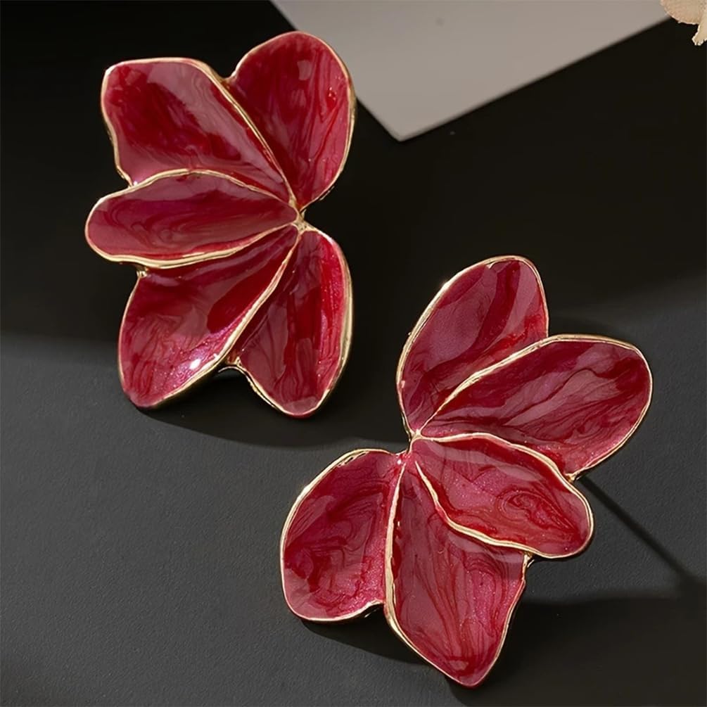 Red Irregular Flower Statement Stud Earring, Unique Green Petal Drop Oil Dangling Earrings for Women Dainty Boho Party Daily Life Floral Jewelry Gifts - Image 6
