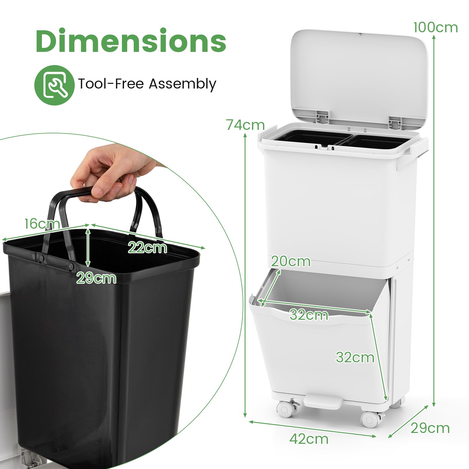 LIFEZEAL Cubo de Basura de Reciclaje 40L, Cubo de Basura Cocina de 3 Compartimentos con Balde Interior, Contenedores de Reciclaje de Pedal con inferior basculante, 42 x 28 x 73.5 cm