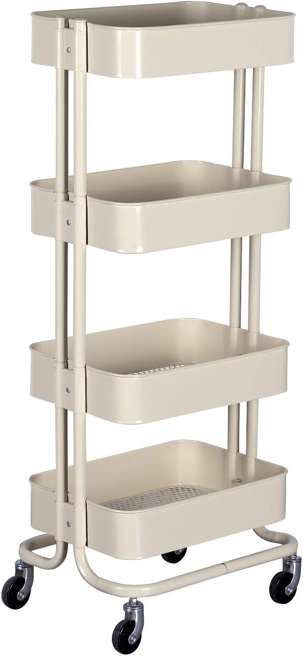 Wonline 4-Tier Mesh Utility Cart, Mental Rolling Storage Cart Classroom Organization with 4 Wheels, Multifunctional Organizer Cart for Kitchen Living Room Bathroom (‎Beige)