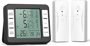ORIA Refrigerator Thermometer, Wireless Digital Freezer Thermometer with 2 Wireless Sensors, Audible Alarm, Min and Max Record, LCD Display for Home, Restaurants, Bars, Cafes (Black)