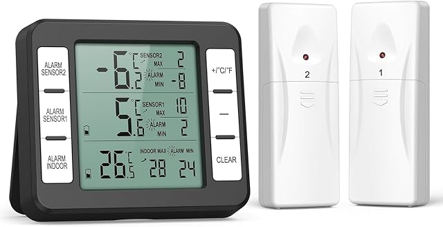 ORIA Refrigerator Thermometer, Wireless Digital Freezer Thermometer with 2 Wireless Sensors, Audible Alarm, Min and Max Record, LCD Display for Home, Restaurants, Bars, Cafes (Black)