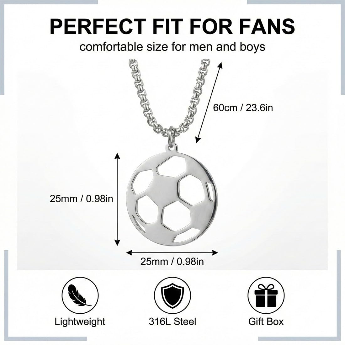 Collar de Fútbol, Acero Inoxidable, Collar con Colgante de Fútbol, Joyería con Caja de Regalo, Unisex, Plateado, Moderno, 60 cm, 1 Unidad, Regalos Niños 10 Años Originales