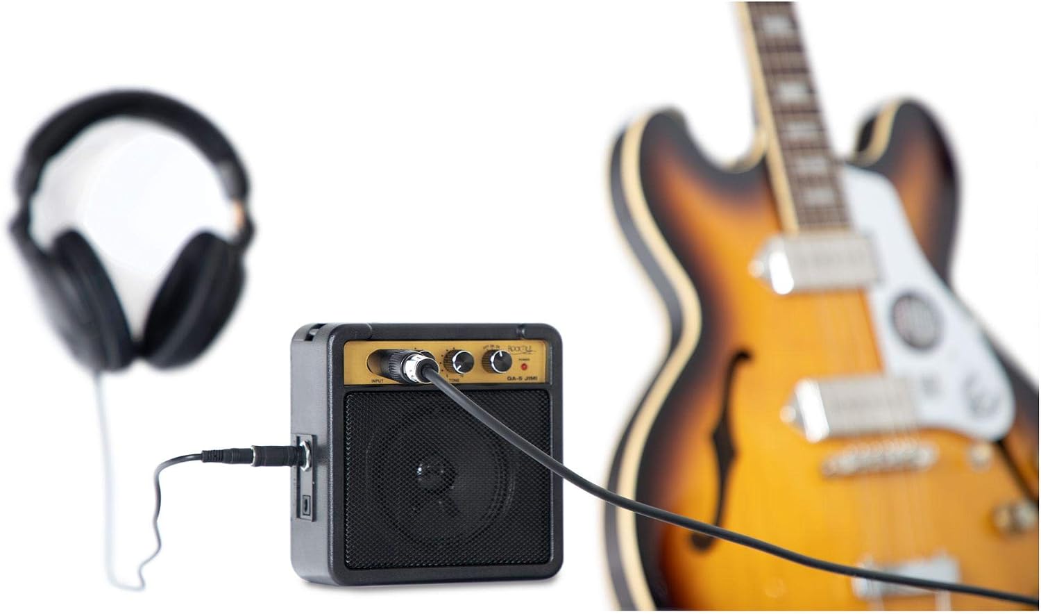 Side view of the Rocktile GA-5 Jimi Mini Guitar Amplifier showing headphone output