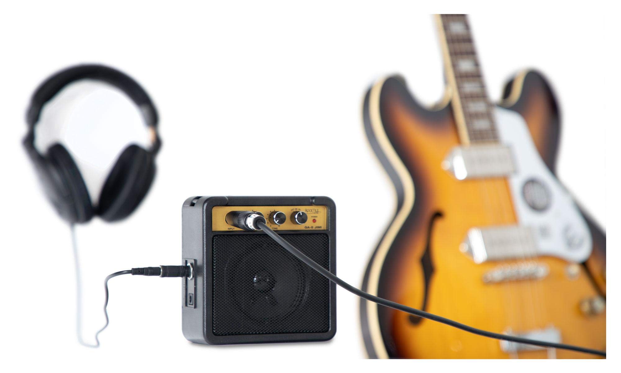 Rocktile GA-5 Jimi Mini-Gitarrenverstärker (5 Watt Batterieverstärker, mit Umhängegurt und Gürtelclip, Betrieb mit Batterie oder Netzteil möglich) schwarz