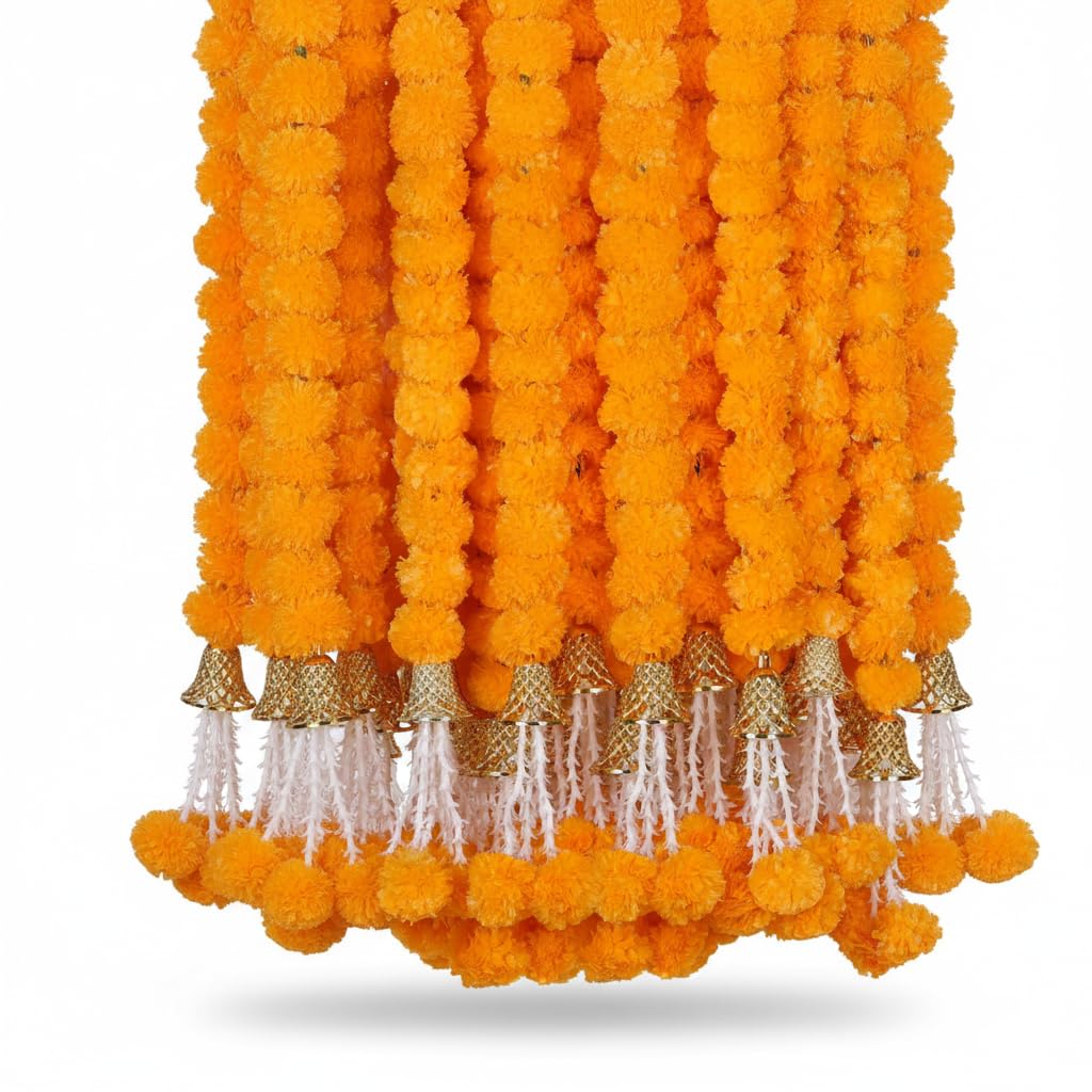 ZIG ZAG Artificial Marigold Flower Garland with Golden Bells (5pcs Pack) Marigold Mala Ideal for Diwali, Pooja, Birthday, Christmas Decorations,Wedding 5 Strings - 5 Ft Long (Golden Yellow)