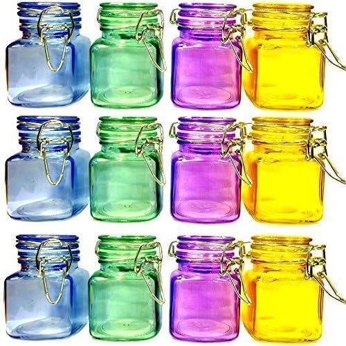 GLASS JARS 12 X MINI GLASS CLIP TOP SPICE STORAGE PRESERVING JARS CONTAINER CANISTERS (Multi Coloured)