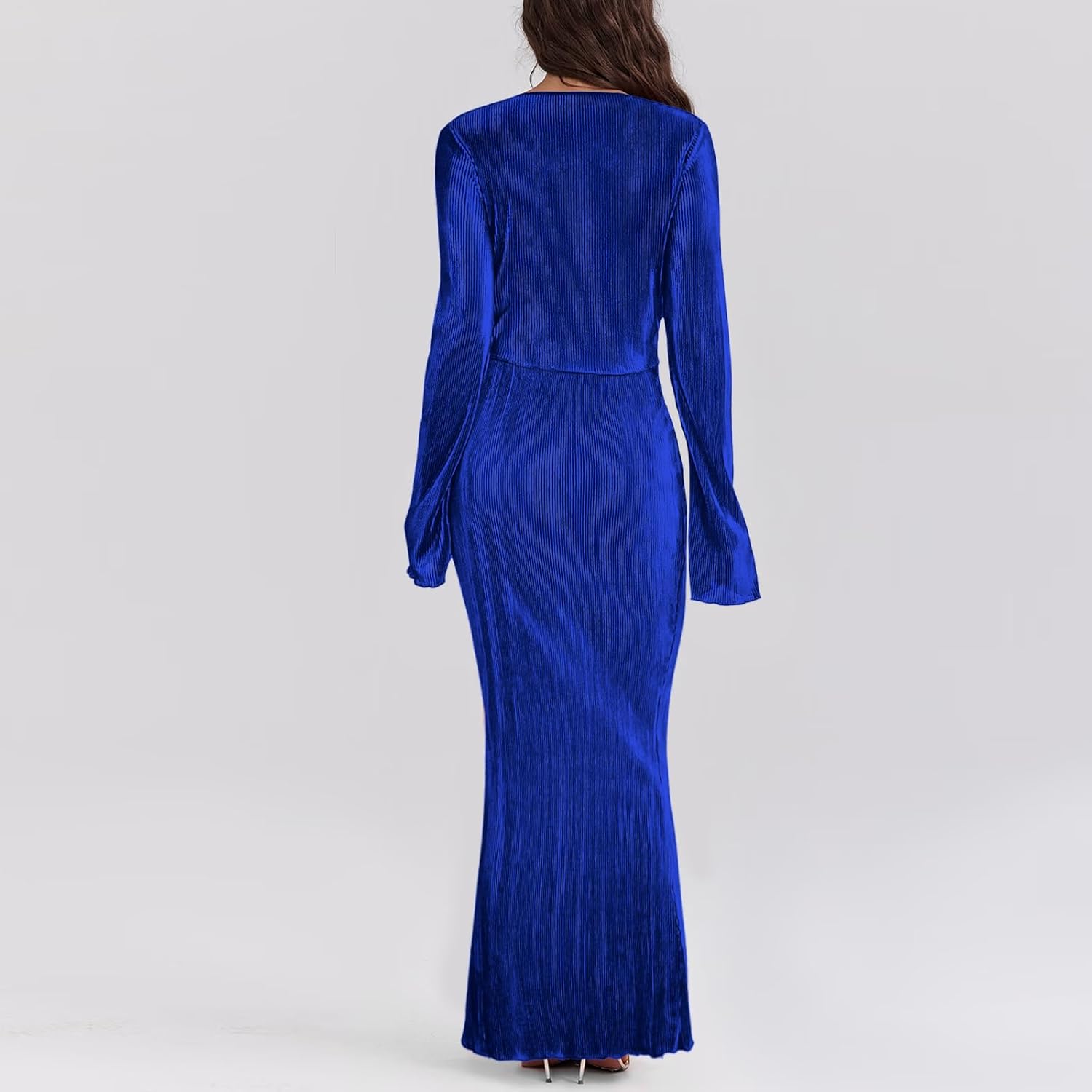 Two Piece Skirt Set for Women Long Sleeve Pleated Crew Neck Tops and High Wasit Bodycon Maxi Skirt Sets