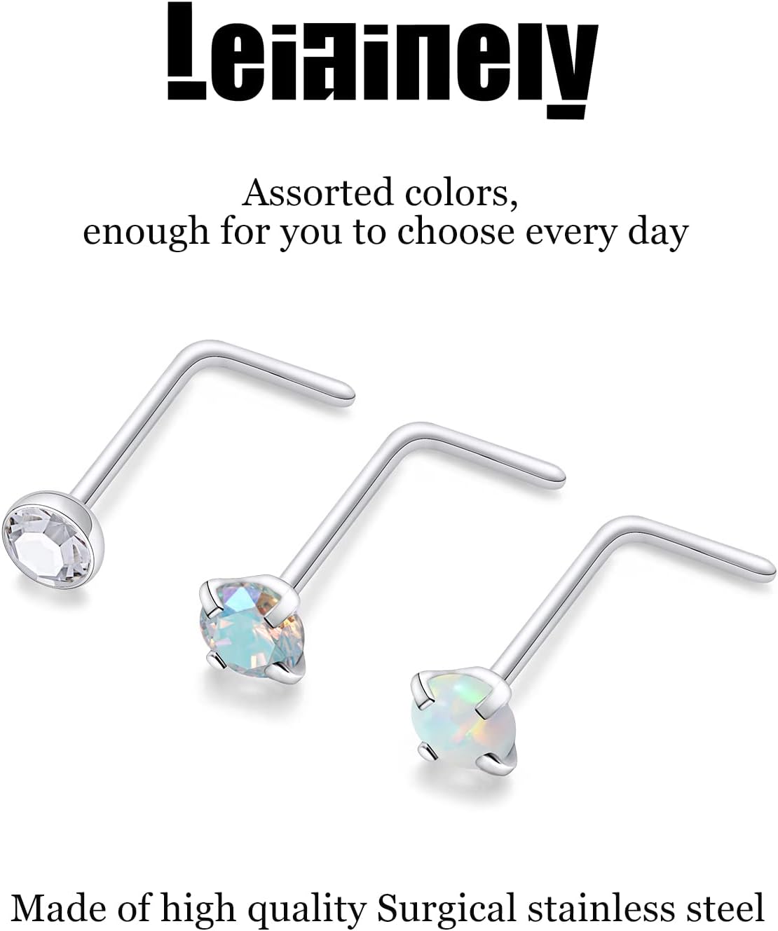 22/20/18g Thin Nose Rings Studs Piercings for Women Men 2mm Gems Straight/L Bars Nostril Jewelry Hypoallergenic Surgical Stainless Steel - Image 3