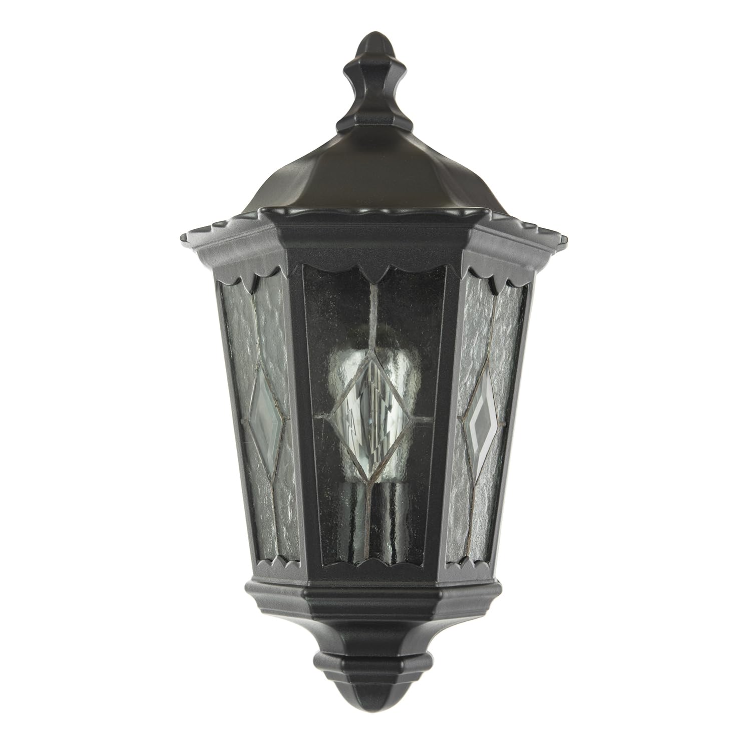 Black Half Lantern Outdoor Wall Lamp - Cathedral Textured Glass - Die-Cast Aluminium - 36cm Height