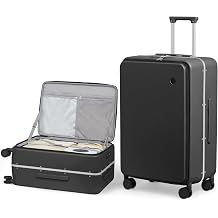 mixi 26 Inch Large Checked Luggage PC Hard Shell Suitcase Top Opening Aluminum Frame Travel Suitcases with Wheels, Black