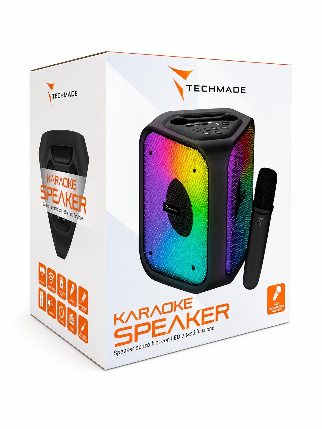 Techmade Speaker Bluetooth Karaoke con Microfono - 15W Portatile, Sistema 2 in 1 - Luci LED RGB - Connessione con BT 5.4, USB, Micro SD e AUX - Radio FM Integrata - Batteria 2400mAh