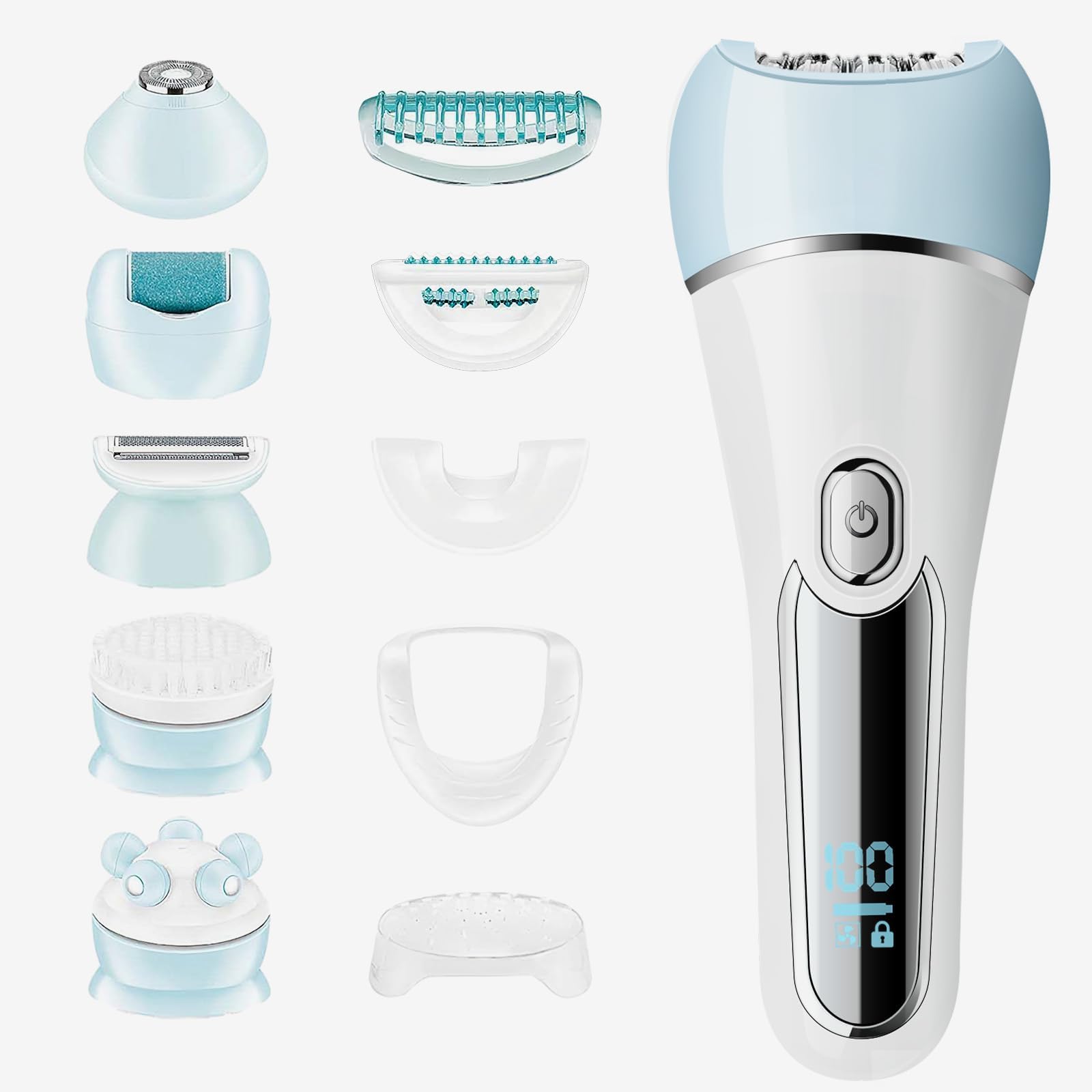 Epilator for Women, 6 in 1 Hair Removal Epilator, Shaver, Face Razor, Facial Brush, Face Massage and Body Exfoliator,IPX7 Waterproof Rechargeable Hair Removal for Women, 2 Speeds